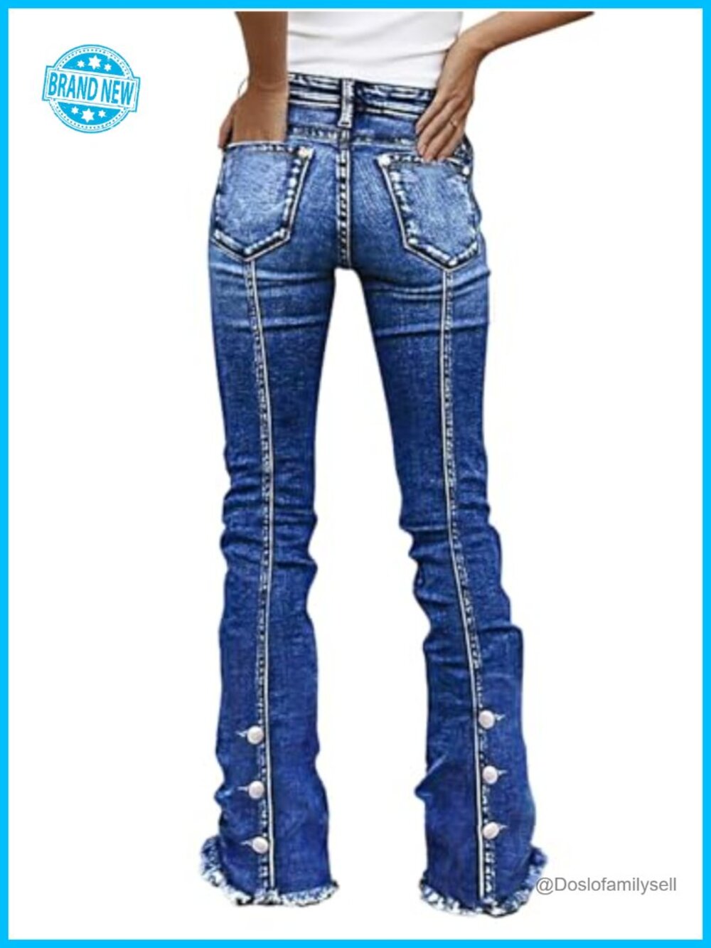 Bootcut Mid Waist Raw Hem Pockets Button Decor Jeans for Women